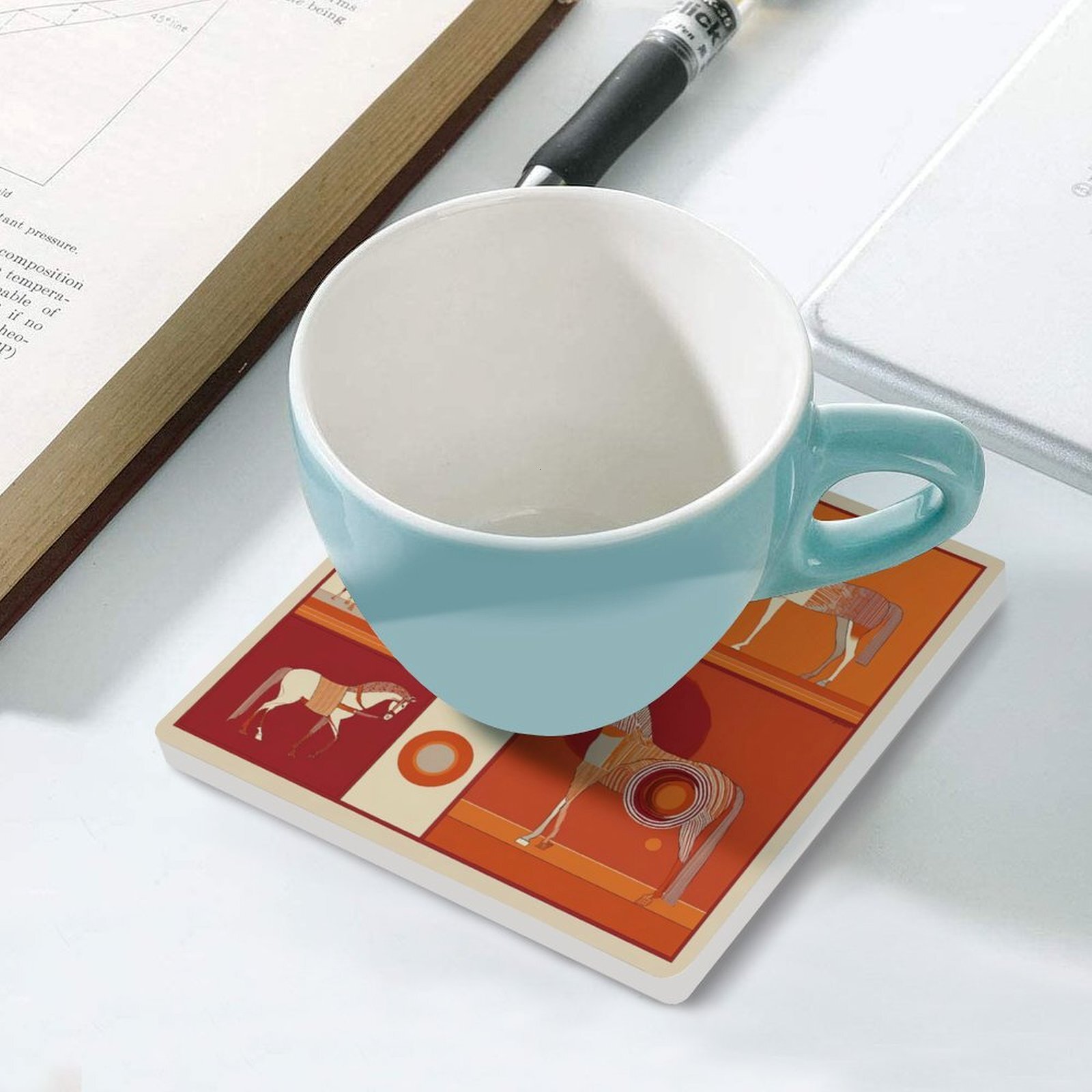 Custom H Designer Coasters Set of 6 Coasters for Drinks Luxury Horse Ceramic Drink Coaster for Tabletop Protection Coffee Table Decor Ideal for Warmin