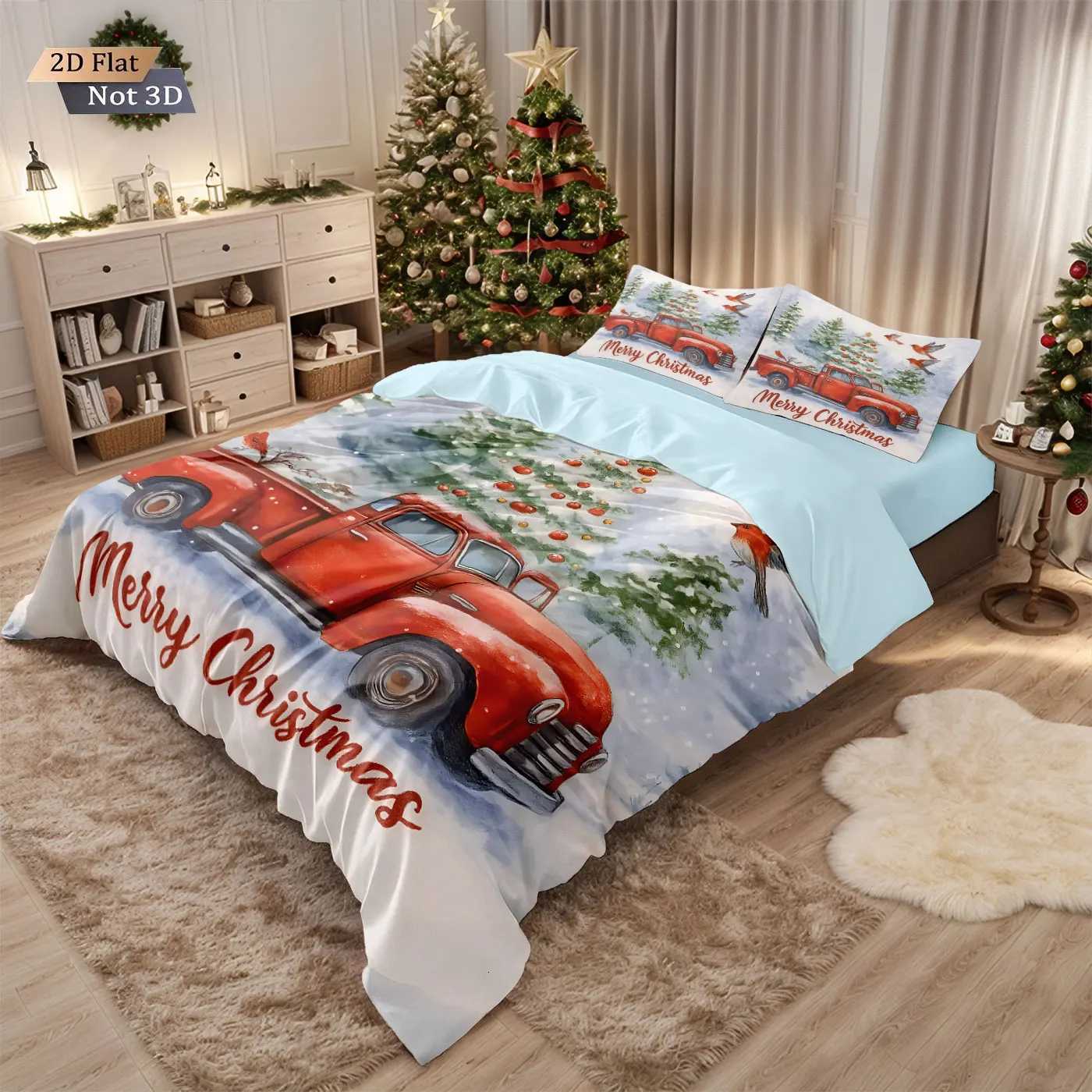 Christmas 3pcs Merry Christmas red car print coreless duvet cover set multiple sizes bedrooms dormitories bedding holiday decorations Y251126