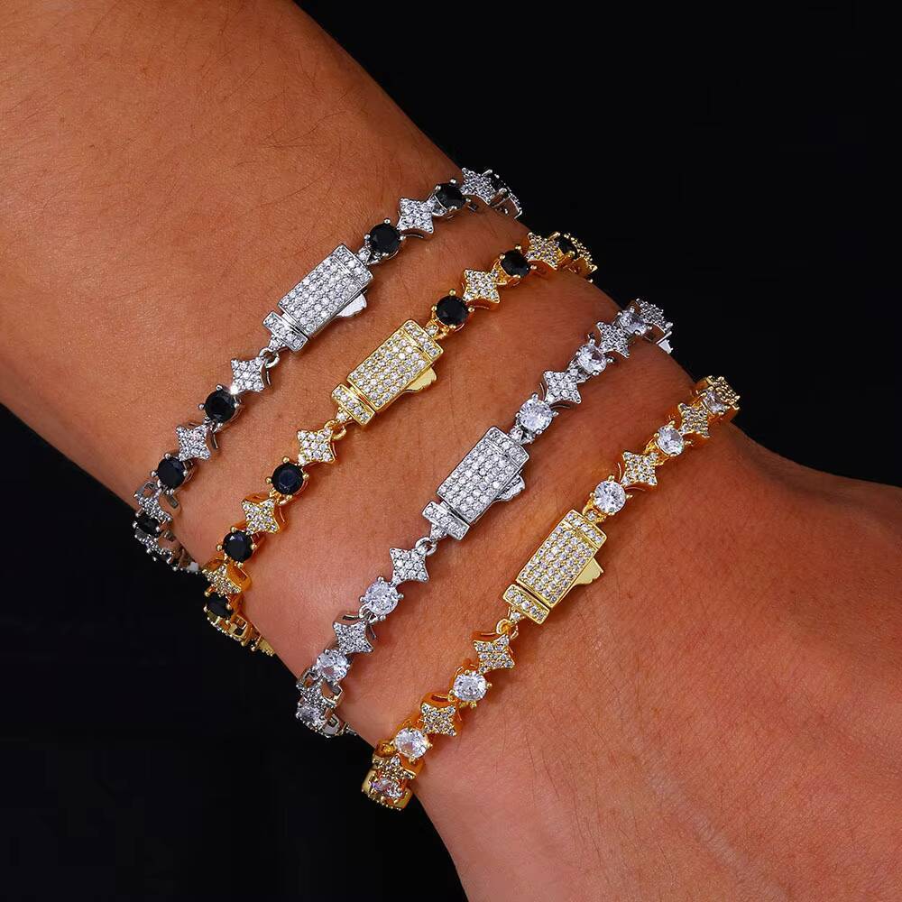 Wholesale Mens S925 Silver Moissanite 6mm Stars Tennis Chain Customizable Hip-Hop Fashion Bracelet for Europe US Cross-Border
