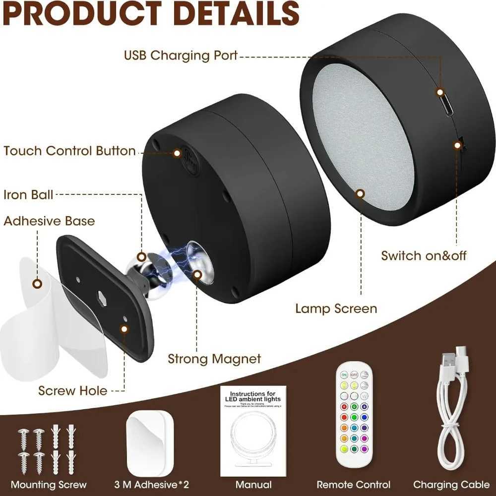 2PC LED Wall Mounted Lights with Remote Wireless Magnetic Wall Sconces 3 Color Dimmable Rechargeable for Bedroom Bedside Light M251126