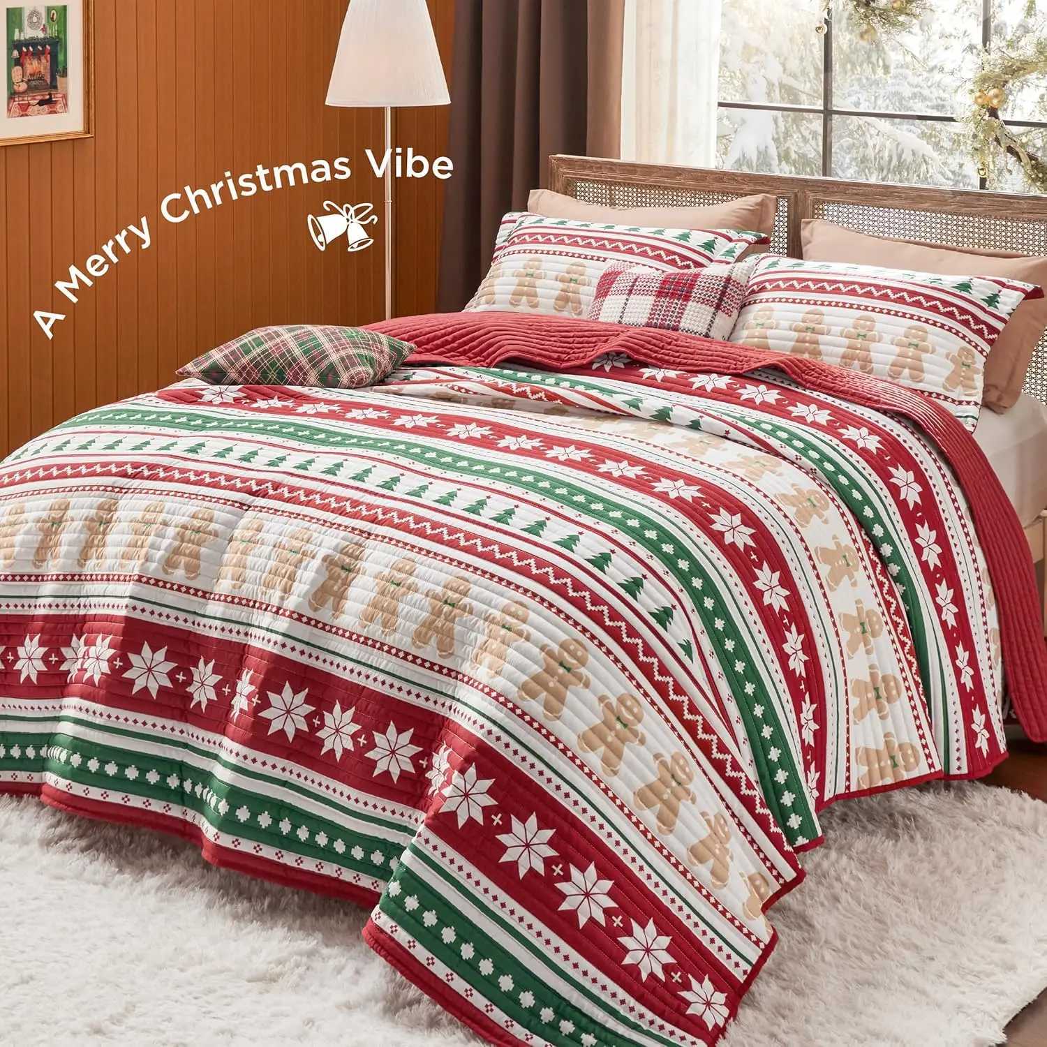 Christmas Christmas Quilt Set King Red Quilt for King Size Bed Gingerbread Man Striped Printed Pattern Christmas Bedding Set Soft Microfib Y251126