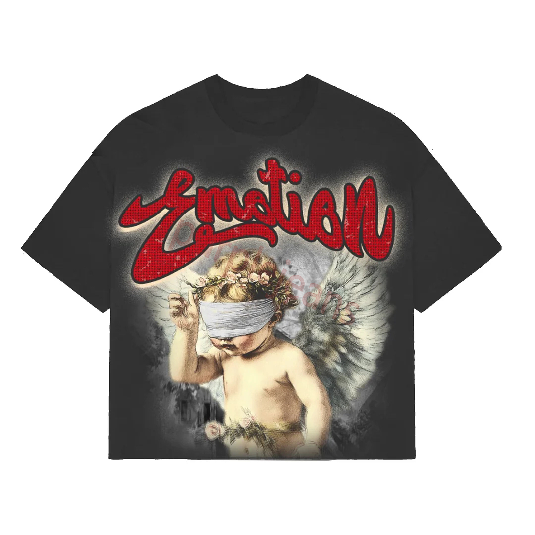 Vintage Emotion Angle Graphic 100% Cotton Short Sleeve T-Shirt Men Y2K Summer Short Sleeves Oversize Tshirt Streetwear Women Top