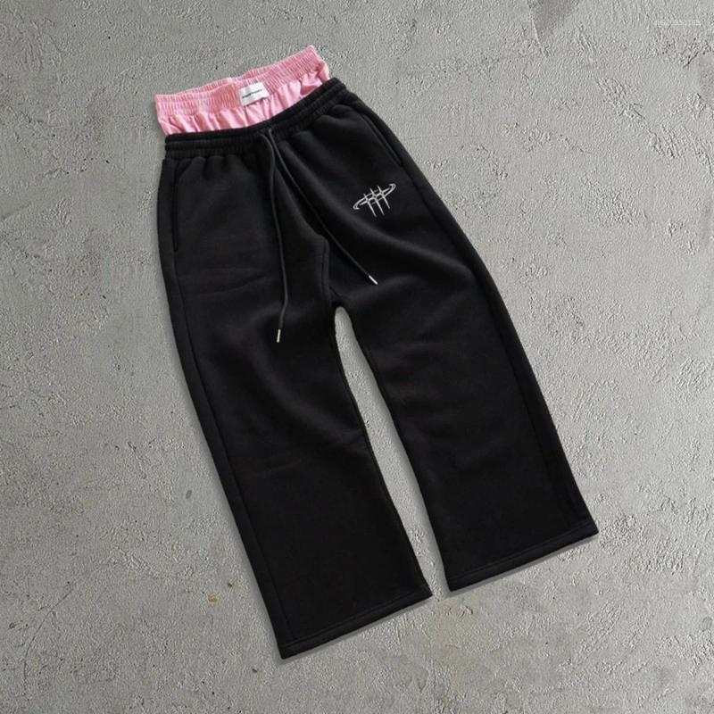 Men's Pants Casual Double Waist Head Fake Two Pieces Loose Straight Pant Hip-hop Fashion Street Sport Couple Embroidery Pattern Jogging Men'