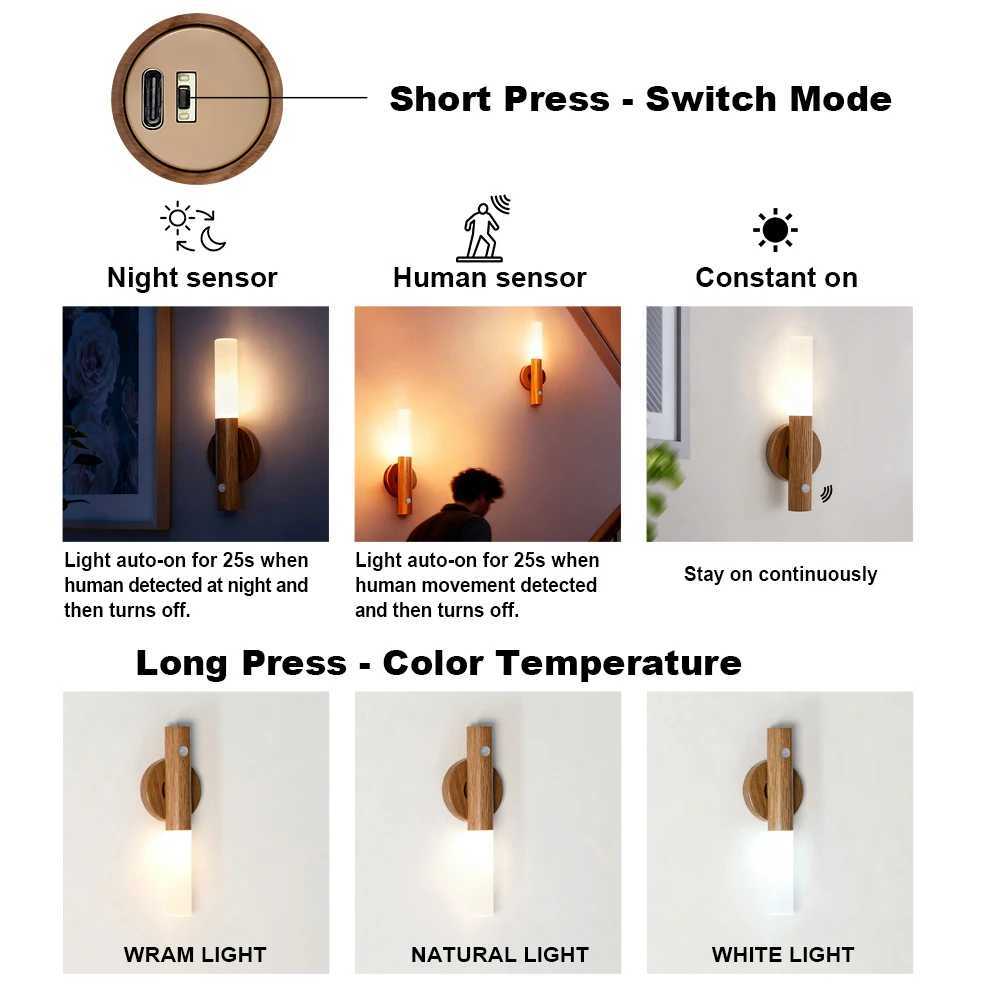 Magnetic LED Wall Light PIR Motion Sensor 360Rotation LED Rechargeable Night Light Wood Wall Lamp Kitchen Cabinet Light Lamp M251126