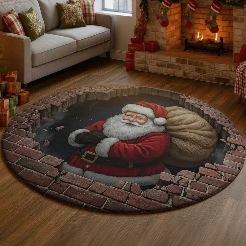 Printed 3D Christmas Living Room Round Rug Quilted Tree Skirt with Cozy Library Christmas Tree Design Holiday Gift IdeaM251126