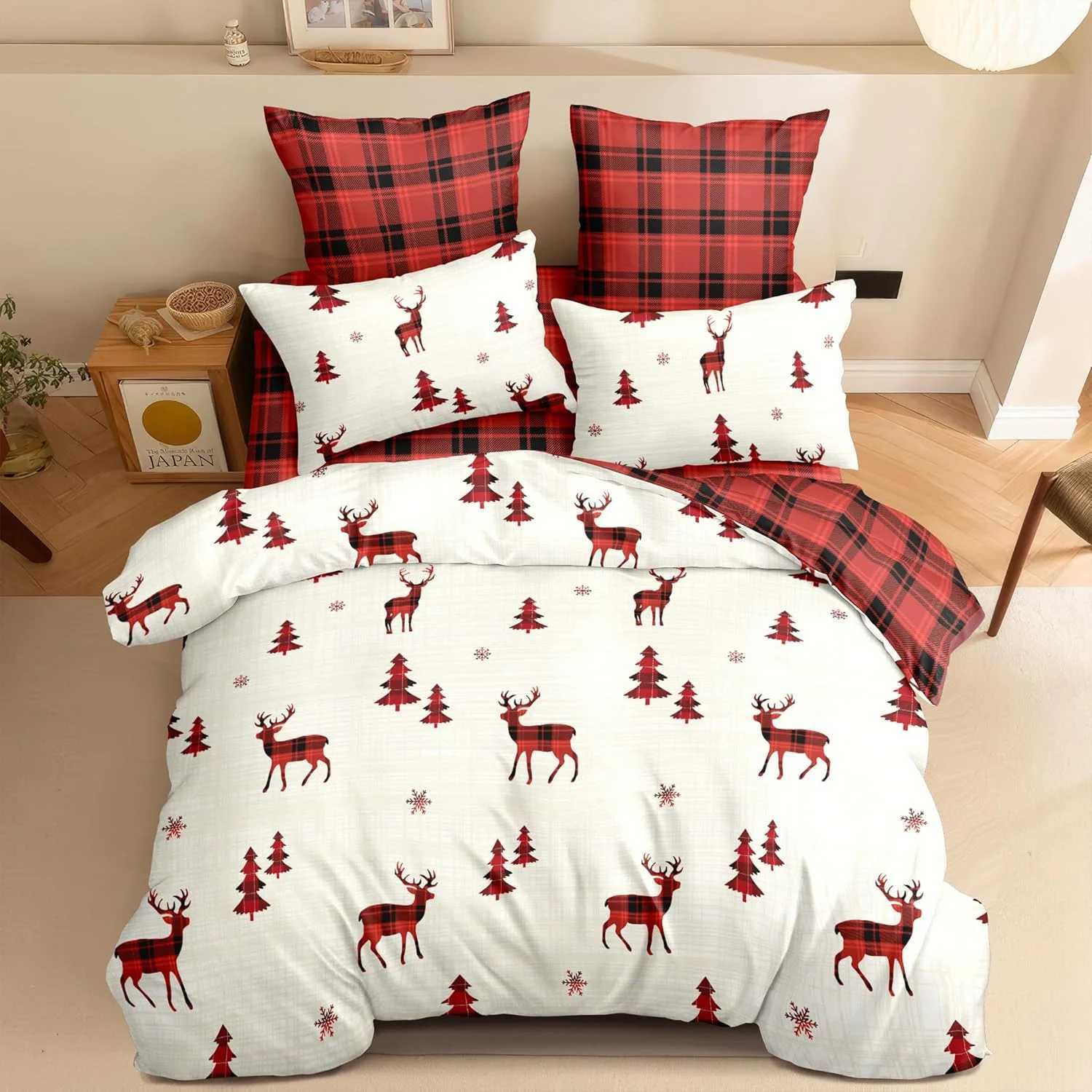 Christmas Christmas Duvet Cover Holiday Bedding Set Reversible Red Reindeer Christmas Tree Buffalo Check Plaid Duvet Cover Xmas Gifts Y251126