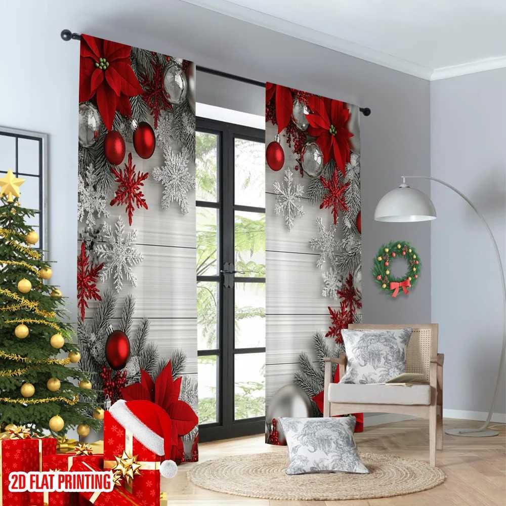 Curtain Christmas 2pcs 2D flat printing Merry Christmas Window Curtains Christmas Ornaments Red Silver Snowflakes 2 Polyester Without Y251126
