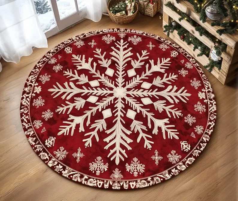 Festive Snowflake Christmas Tree Round Rug Holiday Decor Cozy Living Room Bedroom FloorMat Winter Seasonal Home Gift Bedside RugM251126