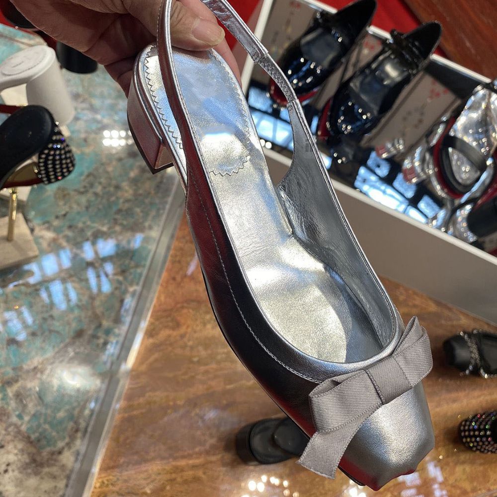 Women's Square Toe Bow Slingback Block Heel Sandals Metallic Black/Silver Evening Party Footwear---168-10