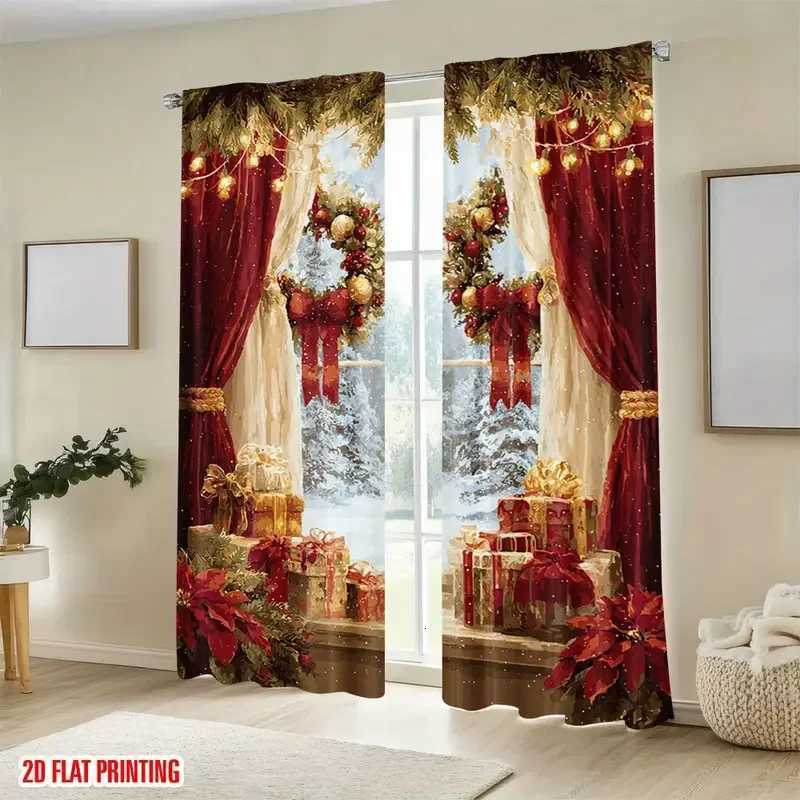 Curtain Christmas 2pcs Luxurious Christmas wreath patterned curtains gorgeous design filter polyester curtains for Christmas family windows Y251126