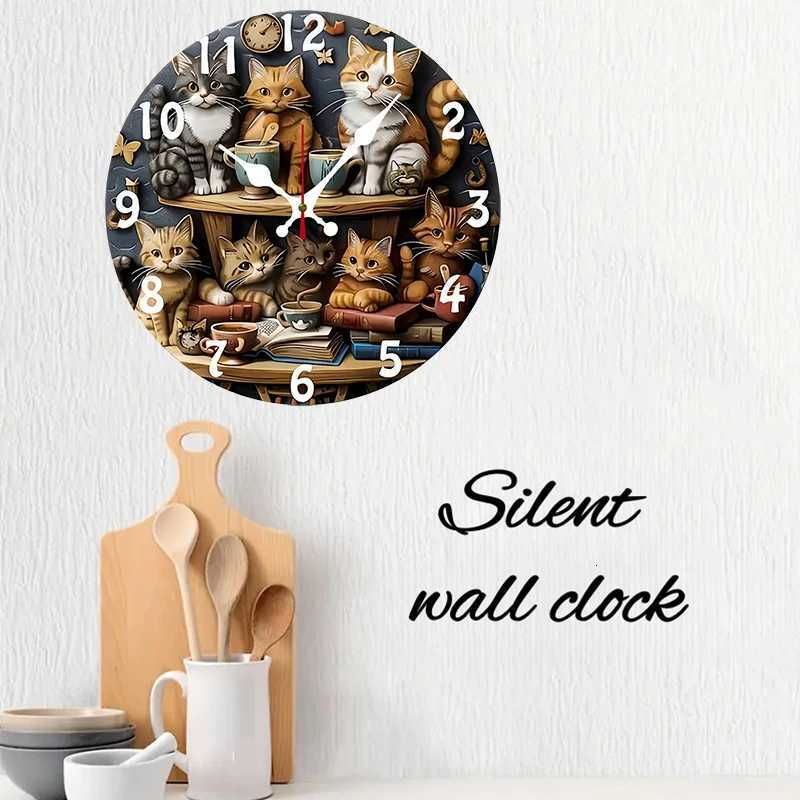 Cat Design Wooden Round Silent Hanging Wall Clock Suitable For Living Room Office Study Room Bedroom Home Decoration C251126