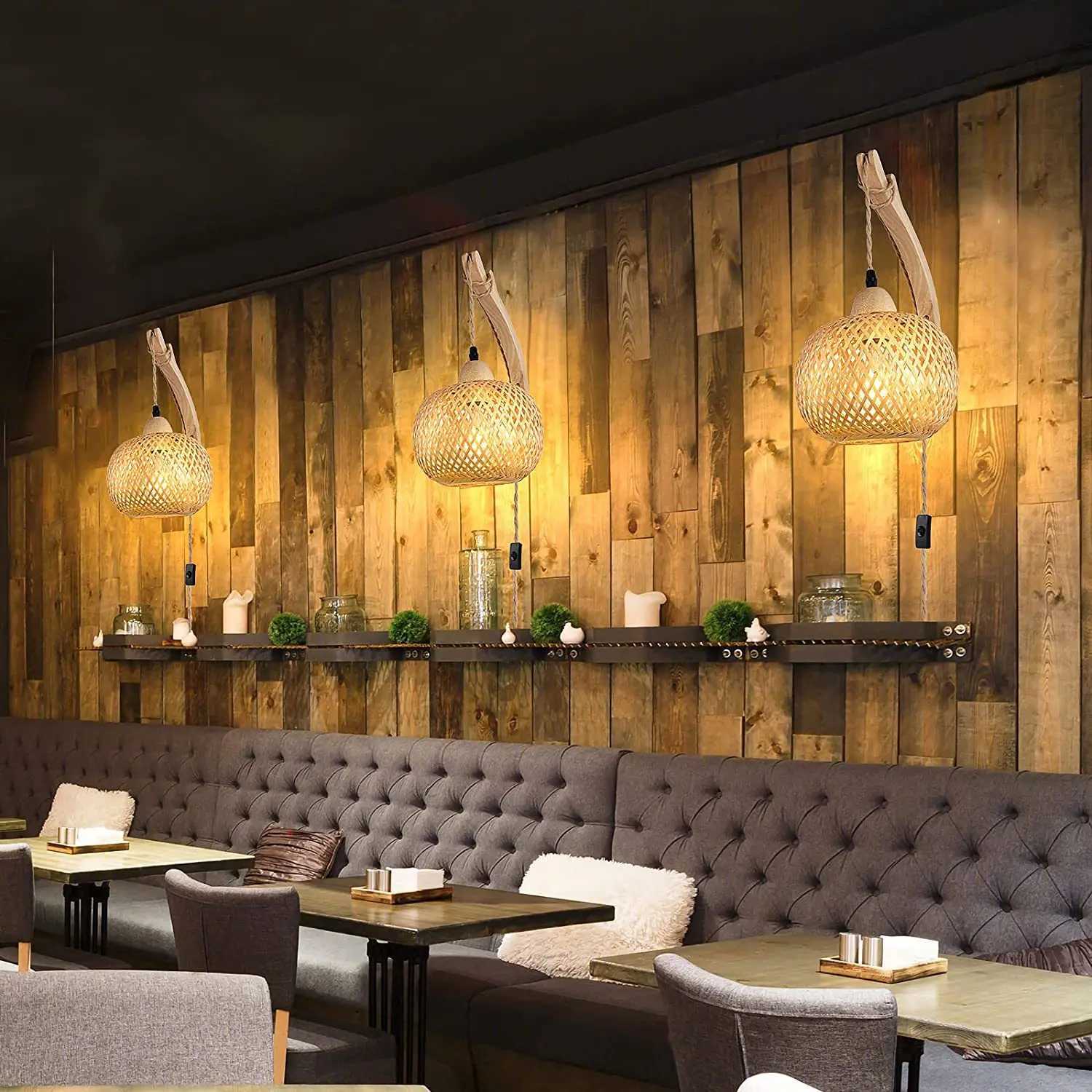 Bamboo Lantern Wall Lamp Natural Rattan Wicker E27 Chandeliers Hand-Woven Bamboo Room Decor Lampshades Wall Light Fixtures M251126