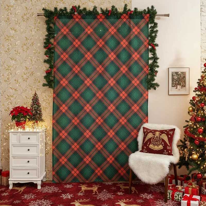 Curtain Christmas Christmas-themed Printed Curtains Vintage Green Plaid Are Rectangular Suitable for Bedroom Living Room Kitchen Home Decoration Y2511