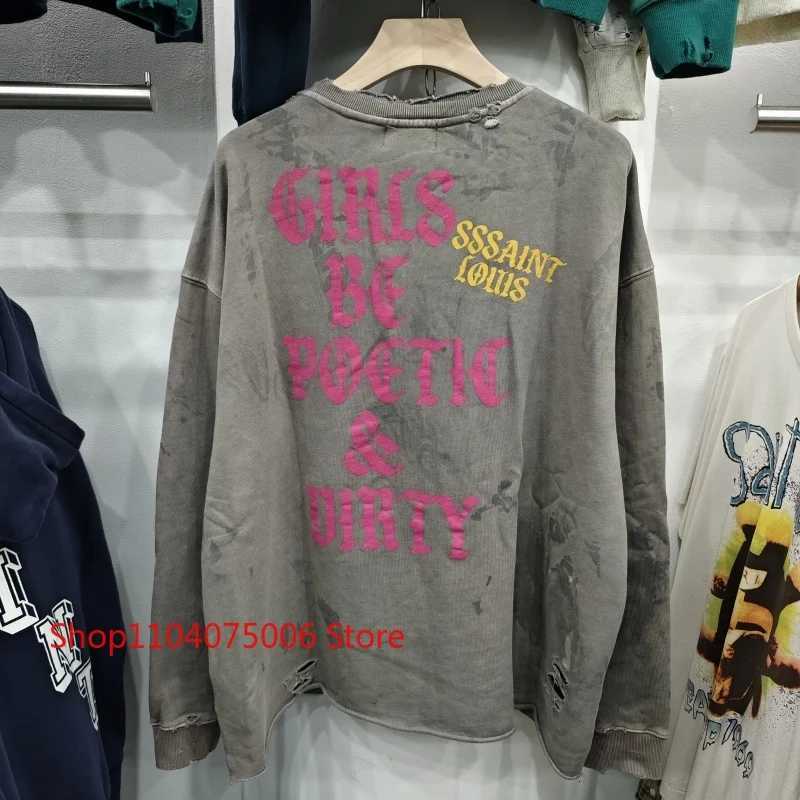 Fashion Saint Crewneck Sweatshirt Vintage Print Distressed Holes Washed Faded Unisex Oversize Casual Sportswear Y251125