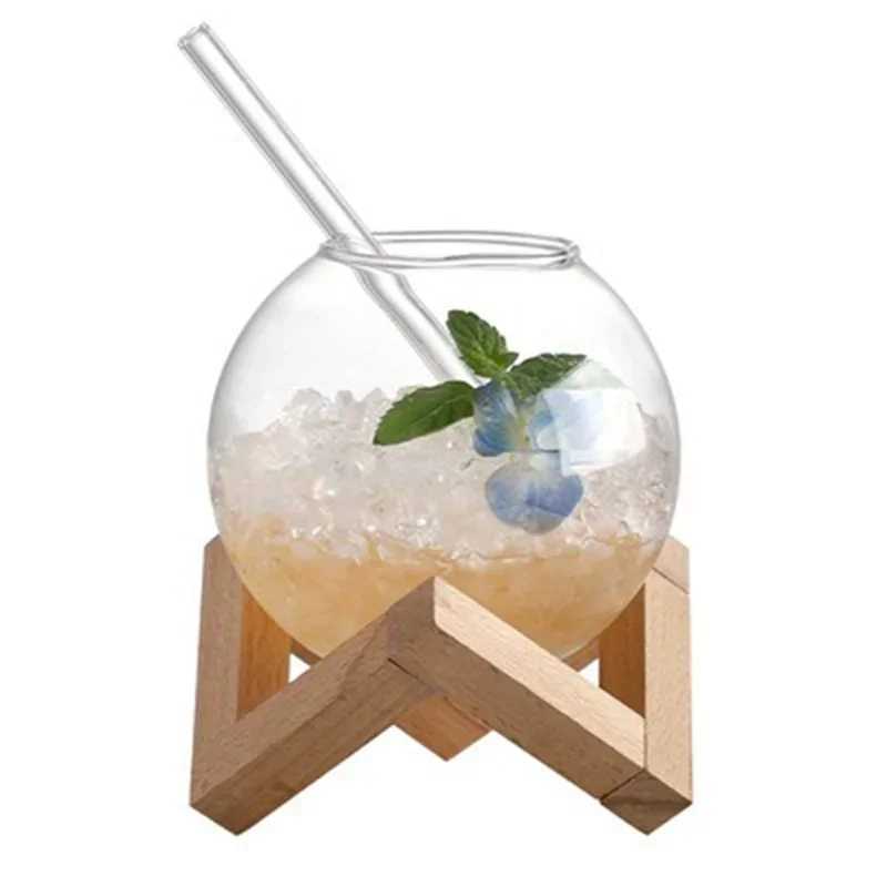 Creative Ronud Ball Glass Cup with Wood Stand Straw Wine Cocktail Glass Cup Transparent Moon Ball Cold Drinking Juice Cups C251126