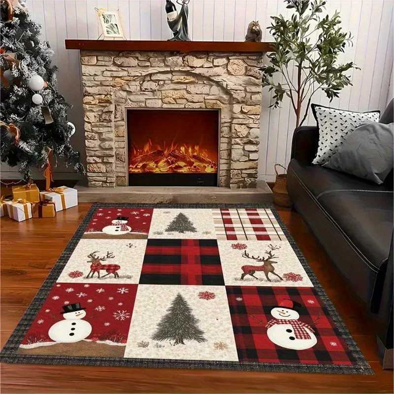 Christmas Carpet Snowman Christmas Tree Reindeer Print Mat for Dining Rooms Living Rooms Game Rooms Non-slip Festive Decor RugM251126