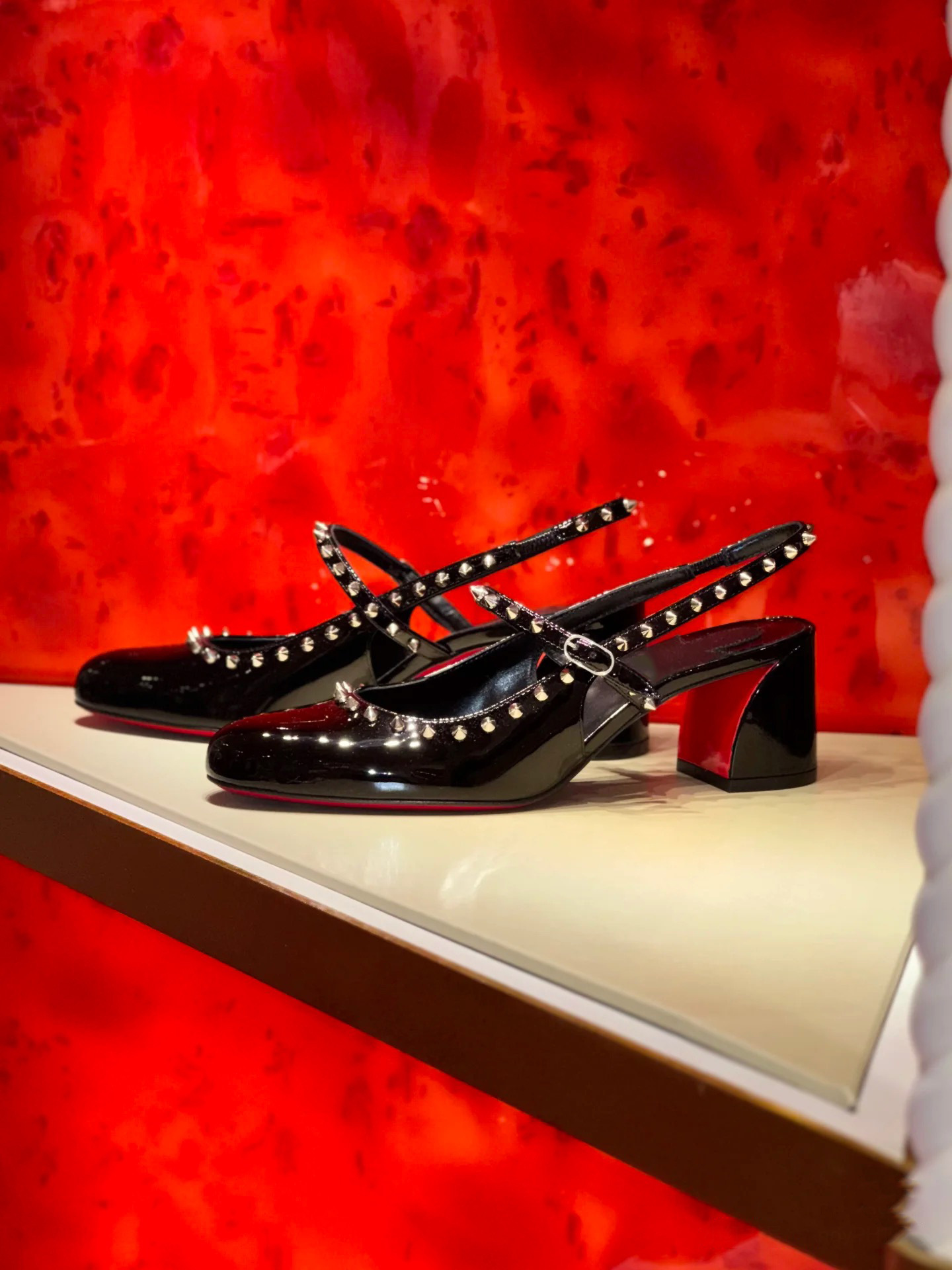 Women's Black Patent Leather Studded Mary Jane Slingback Block Heel Sandals, Edgy Evening Party Footwear---168-12