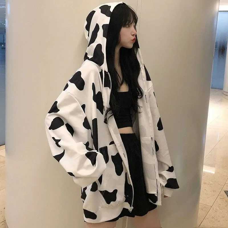 Thin Cow Patterned Hoodie Jacket for Women Spring Autumn Loose Fit Zipper Casual Trendy Open Cardigan Sweatshirt J251136