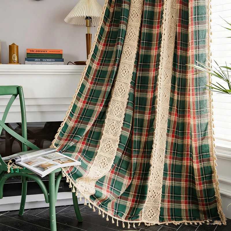 Christmas Christmas Buffalo Plaid Window Curtain Rod Pocket Semi Sheer Crochet Lace Curtains for Bedroom Living Room Farmhouse Decorations Y251126