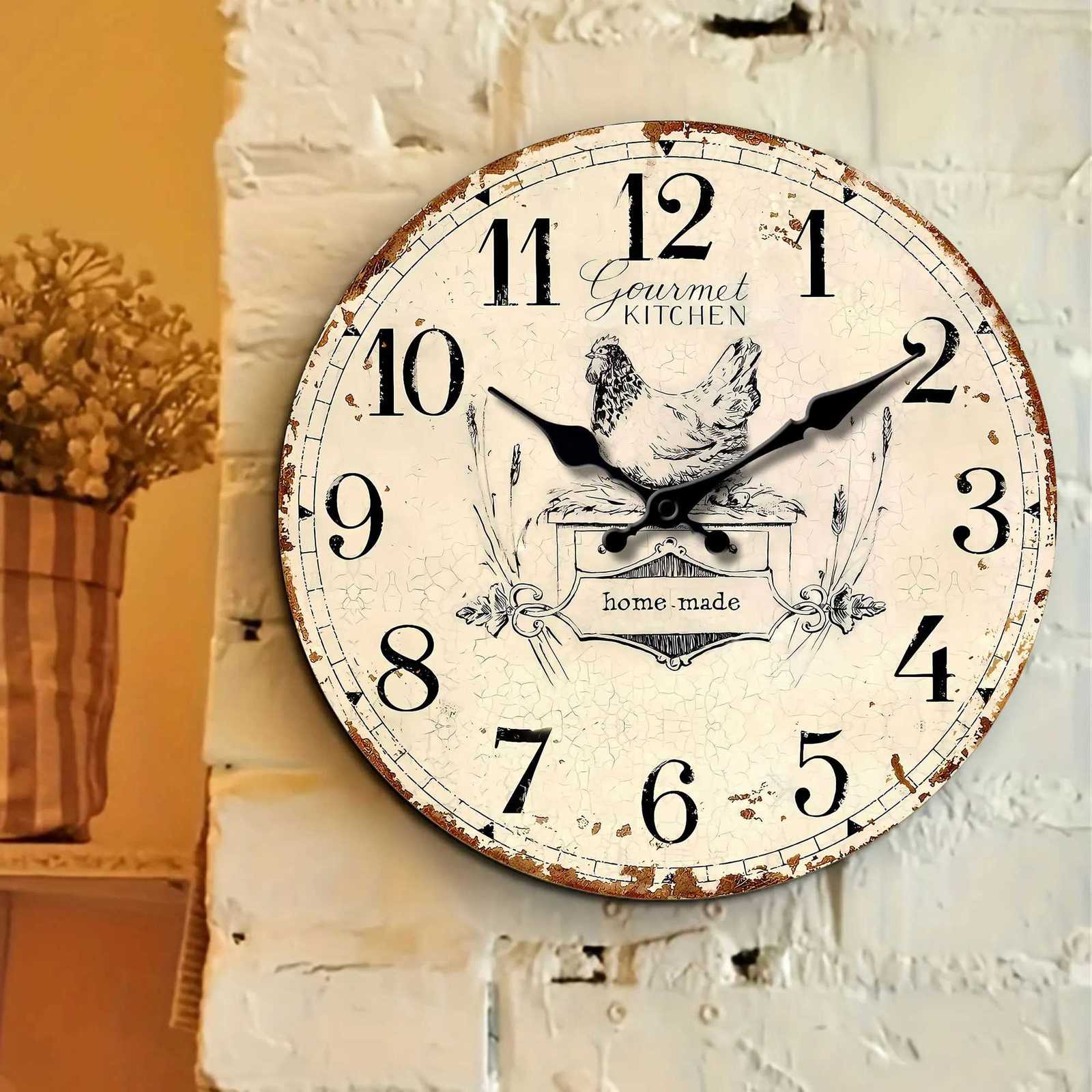 1pc round wooden wall clock a vintage old hen design wall clock home mute clock for living room bedroom room decoration cla C251126