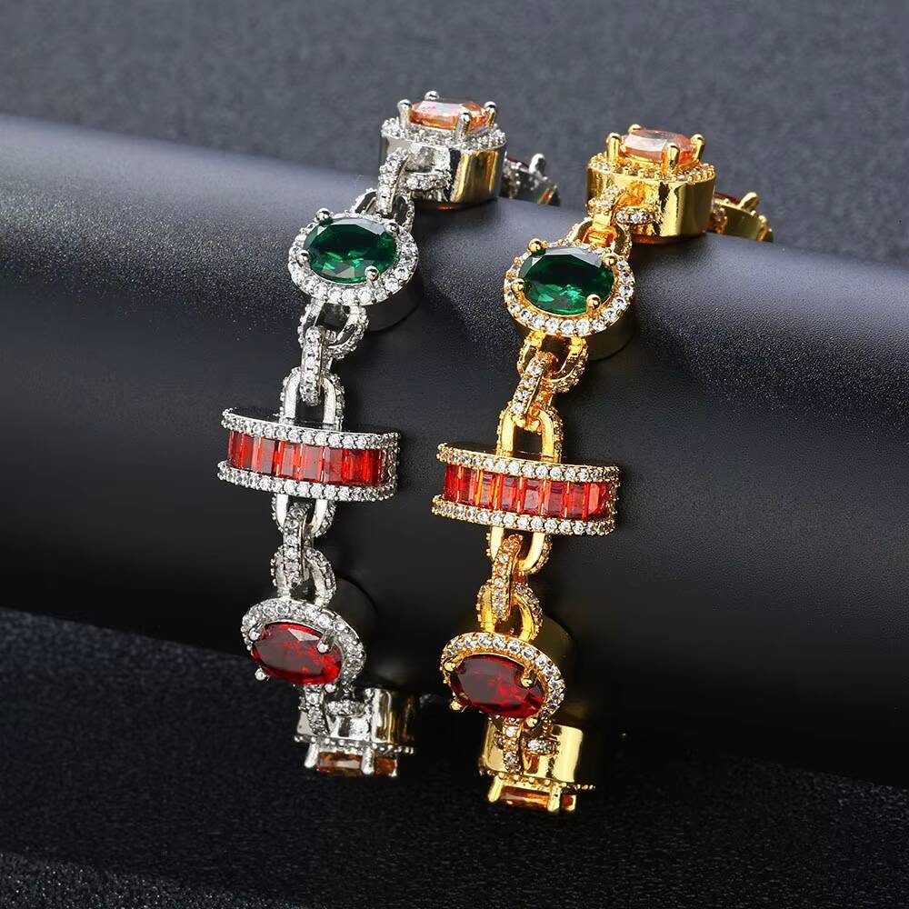 European American Hip Hop Mens High-End Light Luxury Tennis Bracelet Cross-Border Color Gem Accessories Wholesale Fashion