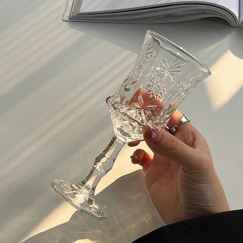 ins cute cup horn transparent glass goblet large opening simple red wine glass embossed champagne cold drink cup C251126