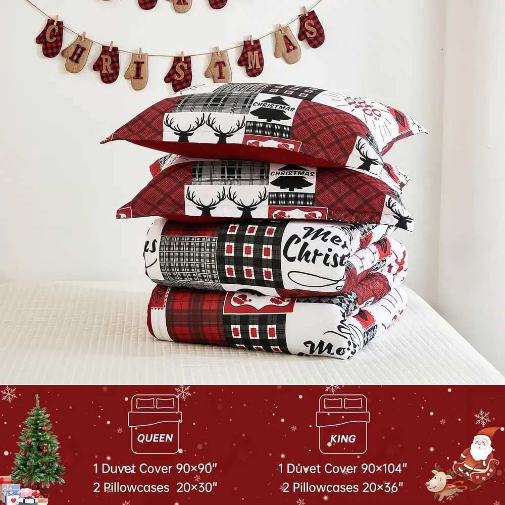 Christmas King Size Christmas Reindeer Plaid Duvet Cover Set - 3-Piece Rustic Holiday Bedding with Zipper for Fall Winter Y251126