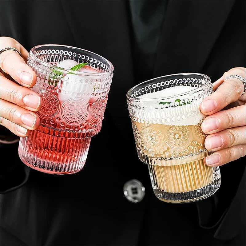 200ml Retro Sunflower Pattern Glass Cup Latte Coffee Mugs Household Cold Drink Cup Creative Wine Glass Transparent Beverage Cup C251126