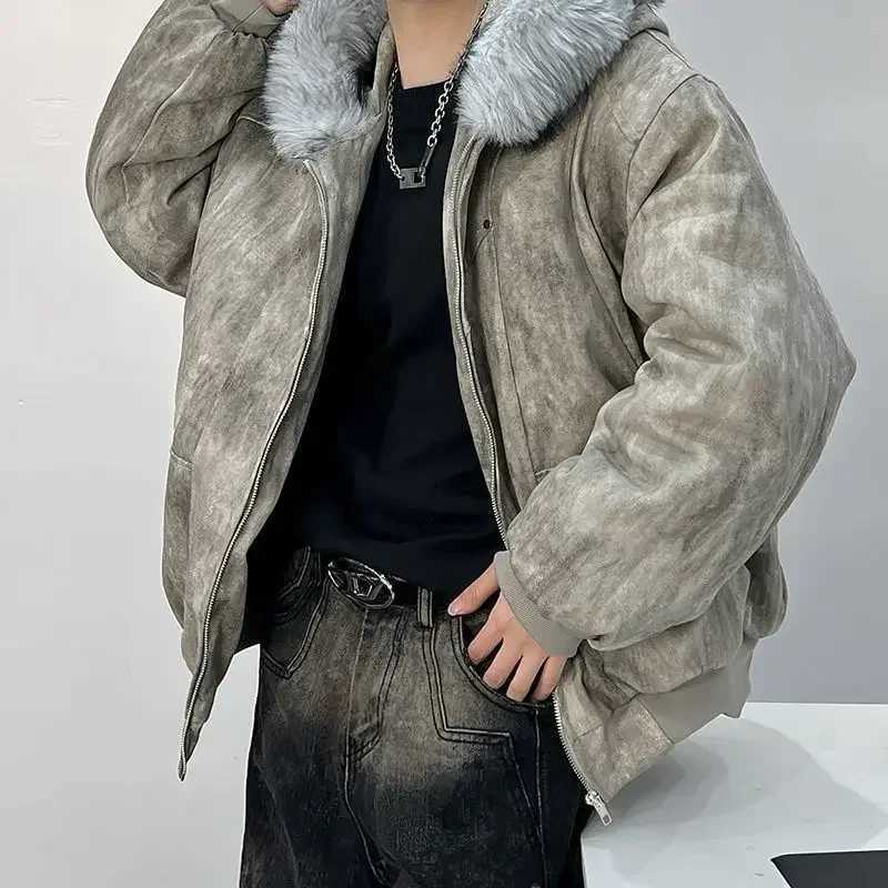 Y2K Cotton jacket with fur collar eagle embroidered and tie-dyeed winter mens design outdoor jacket thick and comfortable M251126