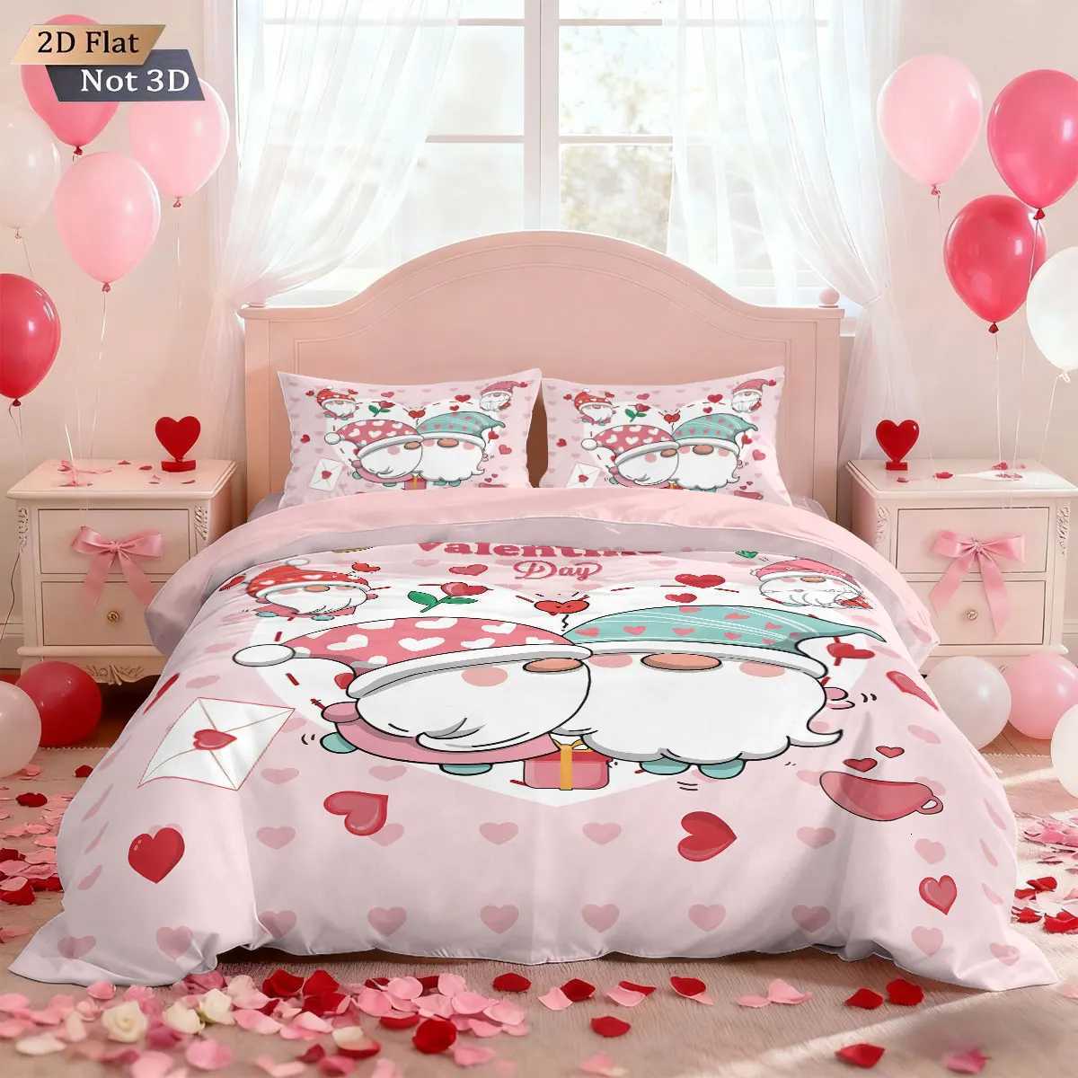 Christmas 3pcs Valentines Day Pink Christmas goblin print coreless duvet set multi size bedroom dormitory bedding holiday decoration Y251126