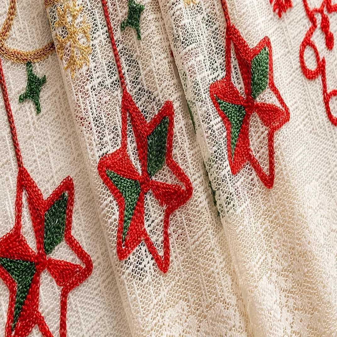 Christmas 1Pc Warp-Knitted Embroidered Santa Claus Bell Christmas Curtain Rod-Top Window Drape Home Decoration 2025 Model Y251126