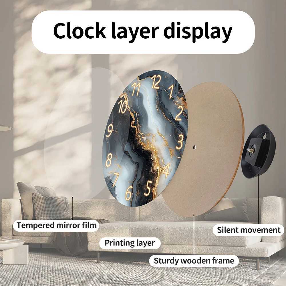 1 piece wooden wall clock fantasy theme - blue and gold marble - like texture pattern tempered film veneer silent clock suitab C251126