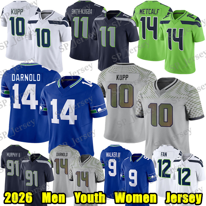#10 Cooper Kupp Football Jersey #14 Sam Darnold Jaxon Smith-Njigba Kenneth Walker III Devon Witherspoon Jake Bobo Demarcus Lawrence Byron Murphy II Grey Zabel jerseys