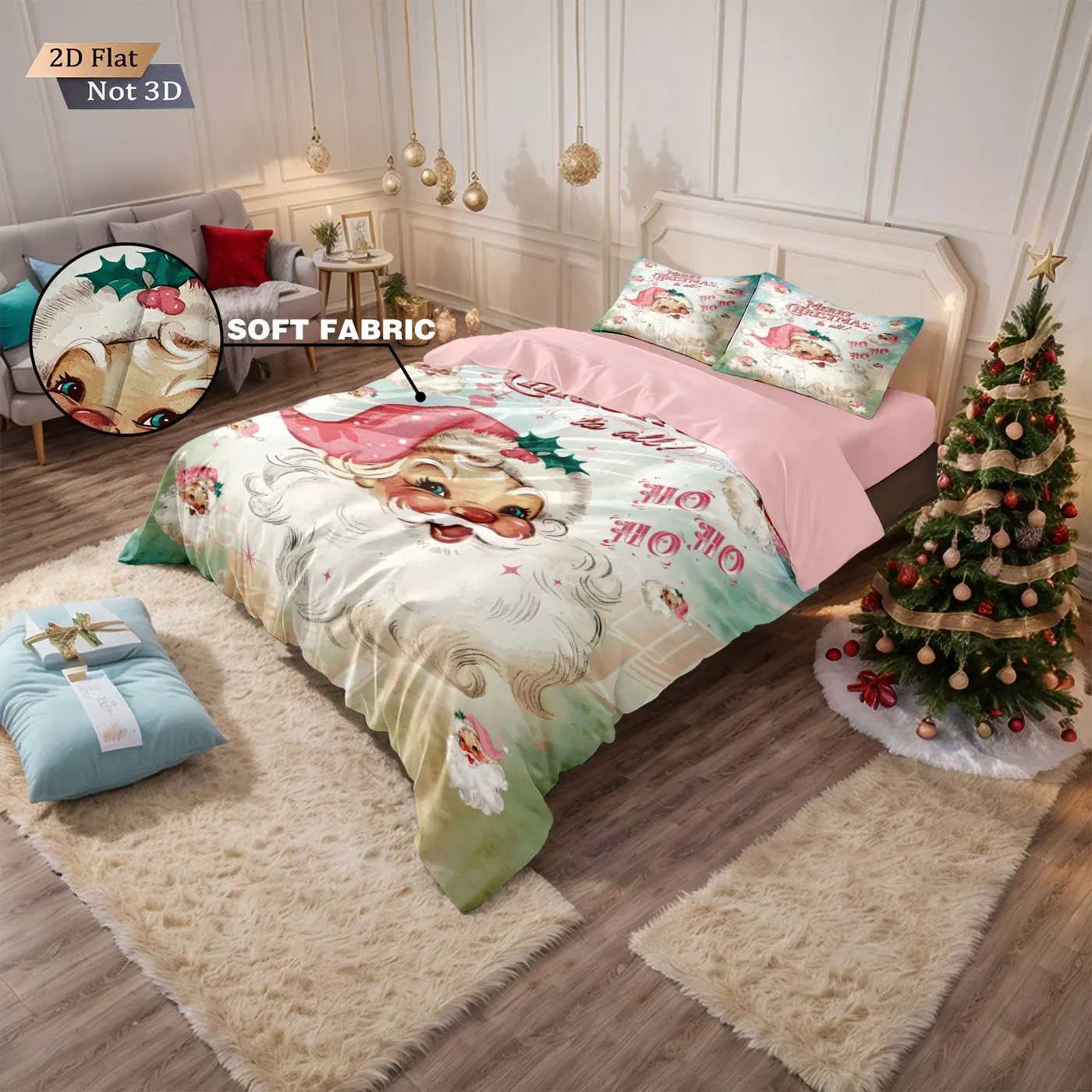 Christmas 3pcs Merry Christmas Pink Santa Claus Printed Chipless Bedding Set Multi Size Bedroom Bedding Decoration Machine Washable Y251126