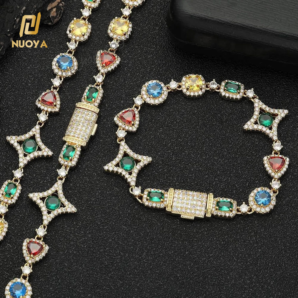 NUOYA New Style Fashion White Gold Colored Gemstones Link Chain for Women Multi Color Geometric Cubic Zircon Chain Bracelet