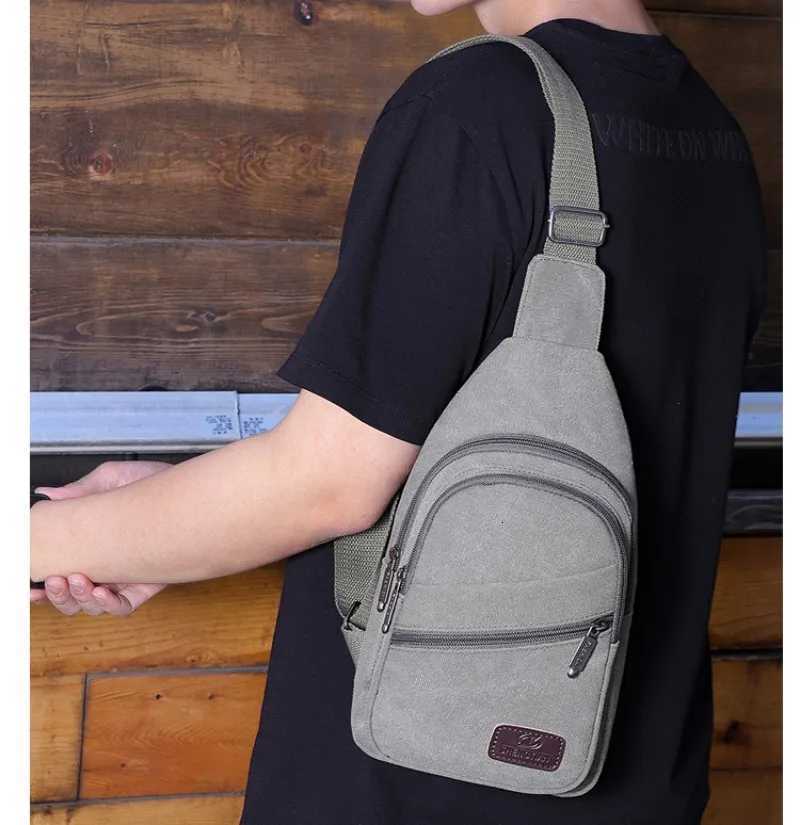 MenS Chest Bag Retro Canvas Waterproof Shoulder Bag Large Capacity Multi Pocket Crossbody Bag Outdoor Sports Travel Chest PackT251126