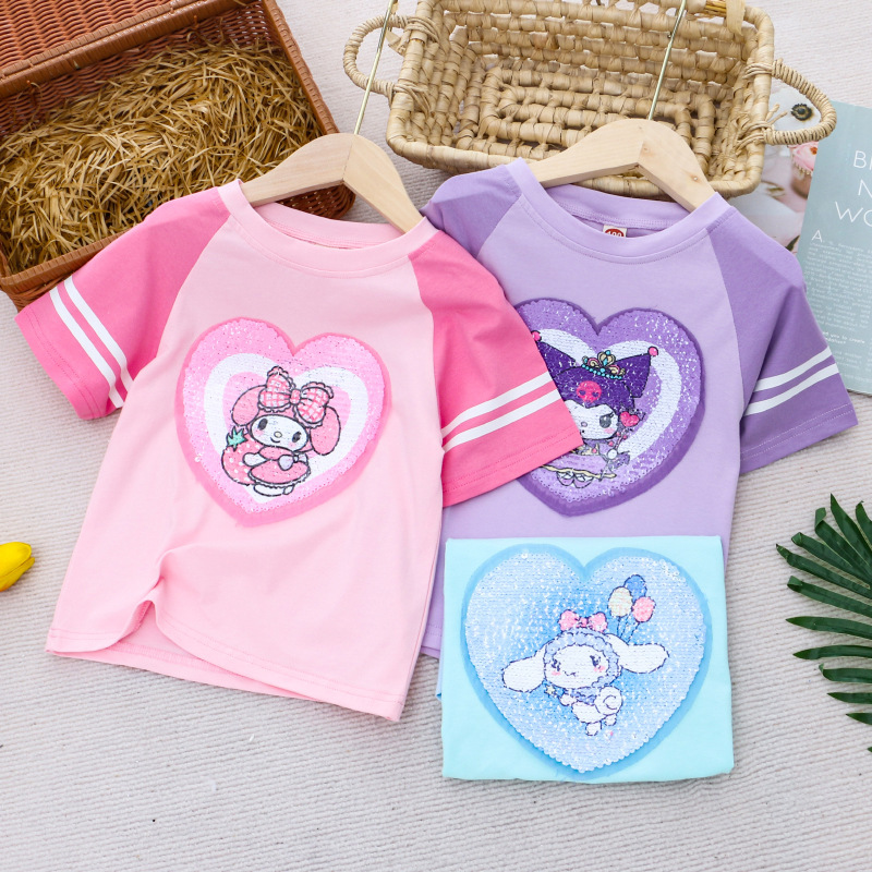 DISNEY toddler designer clothes Children's short-sleeved children's short-sleeved designer sequin summer make-up clothes top T-shirt Girls&#