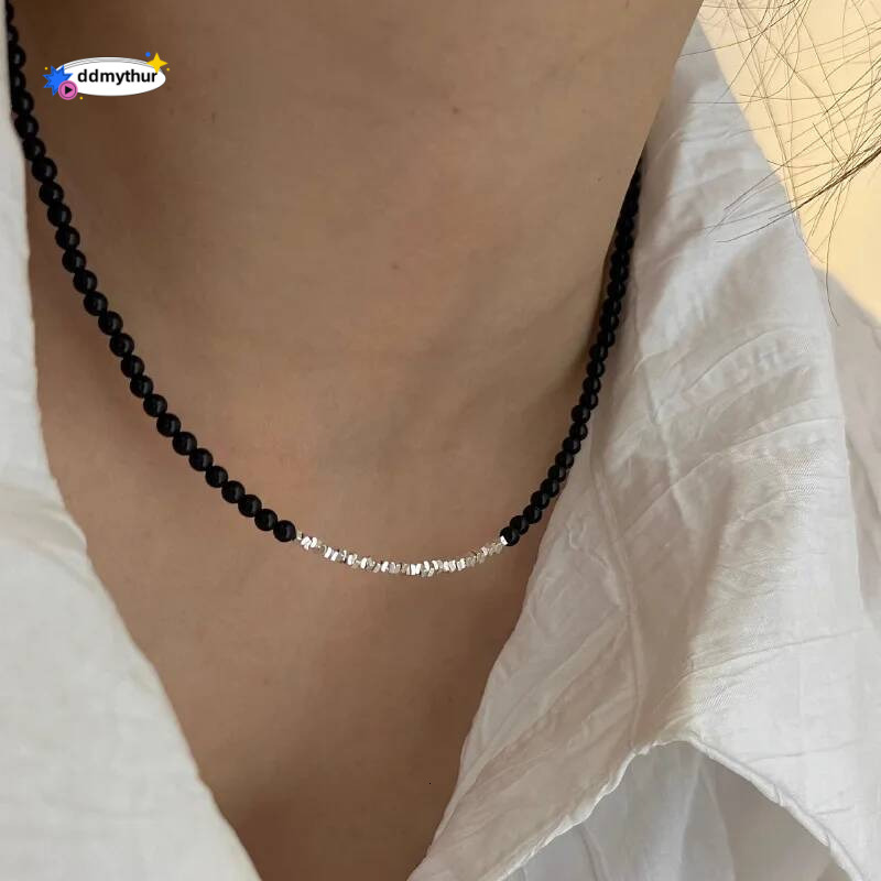 Sterling Sier Necklace Black Beads Square Irregular Punk Geometric for Women Girl Jewelry Gift Dropshipping Wholesale ddmythur