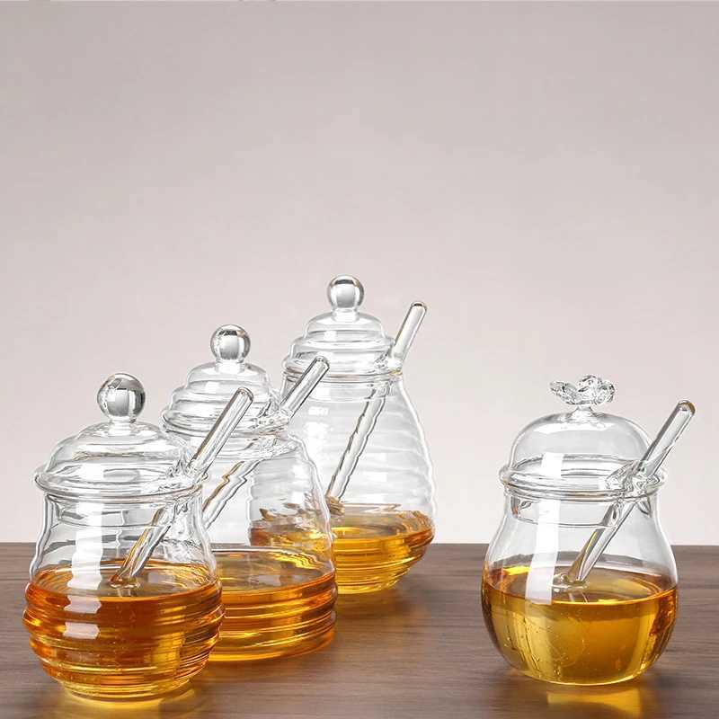 Glass Honeycomb Tank Honey Jar Clear Glass Honey Dispenser With Dipper Stick And Lid Honey Bottle For Kitchen Coffee Bar Baking Y251126