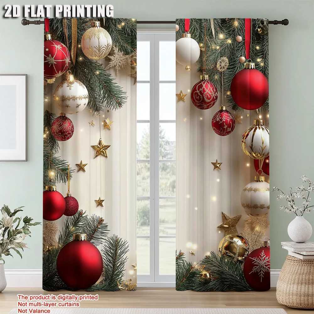Curtain Christmas 2Pcs Festive Golden And Red Ball Pine Leaves Design Christmas Window Curtains Polyester Rod Pocket Design For Living Room Y251126
