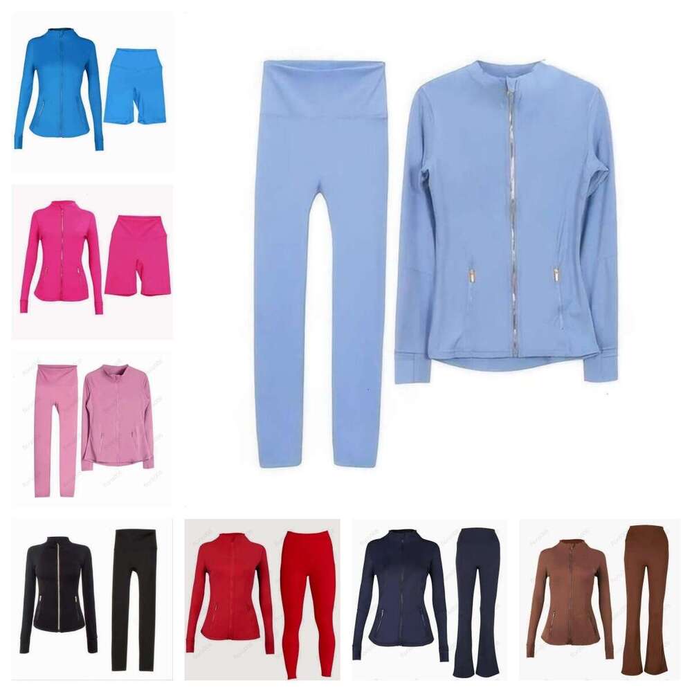 Women Yoga Two Piece Sets Fitness Leggings High Waist Sports Jackets Gold zipper Elastic Sportswear Gym Suits Workout Tracksuits yhf