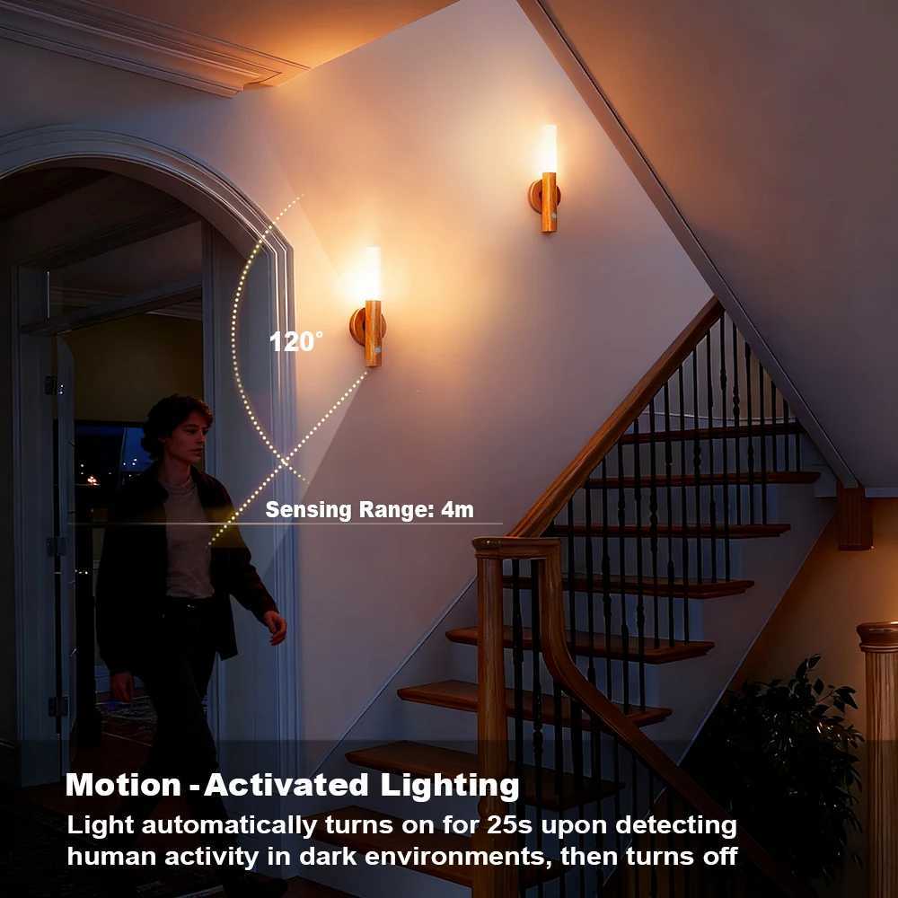 Magnetic LED Wall Light PIR Motion Sensor 360Rotation LED Rechargeable Night Light Wood Wall Lamp Kitchen Cabinet Light Lamp M251126