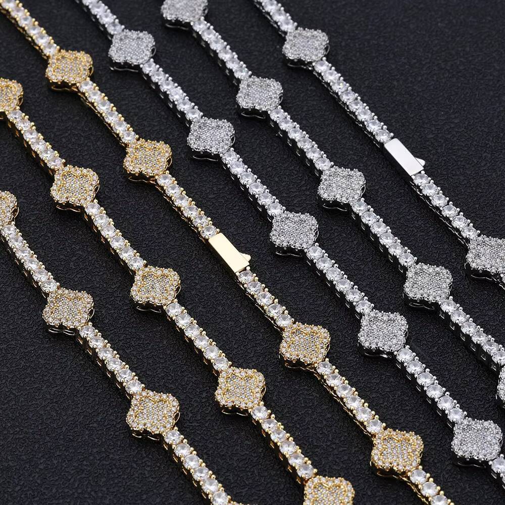 European American High-End Trendy Mens Bracelet Cross-Border Hip-hop Zircon Tennis Chain Clover Necklace Versatile Jewelry Gift