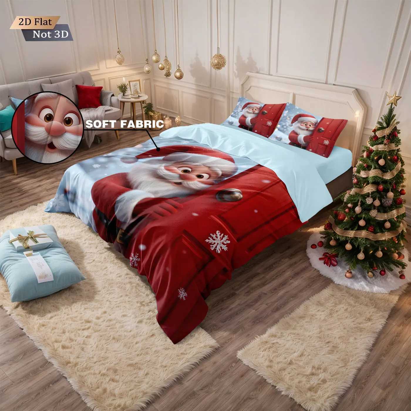 Christmas 3pcs cartoon Santa Claus printed coreless duvet set multi size bedroom bedding holiday decoration machine washable Y251126