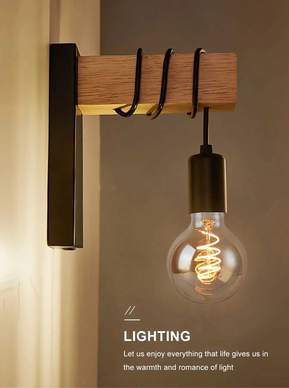 Vintage Iron Wood Wall Lamp E27 Indoor Loft Outdoor Corridor Retro Wall Lights For Home Industrial Sconce Nordic Bedside Lamp M251126