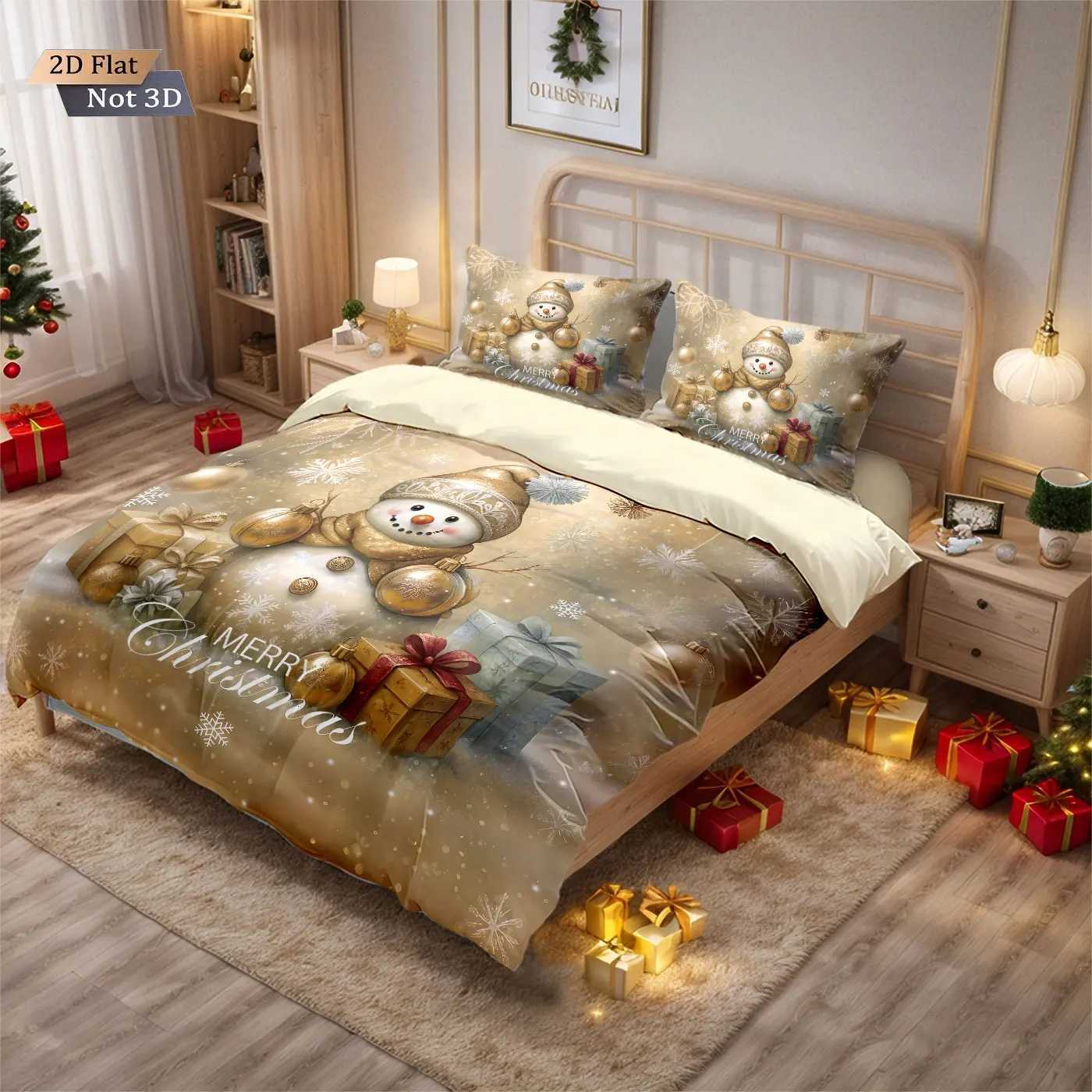 Christmas 3pcs Golden Christmas Snowman Printed Chipless Bedding Set Soft Dormitory Bedroom Multiple Sizes Machine Washable Y251126