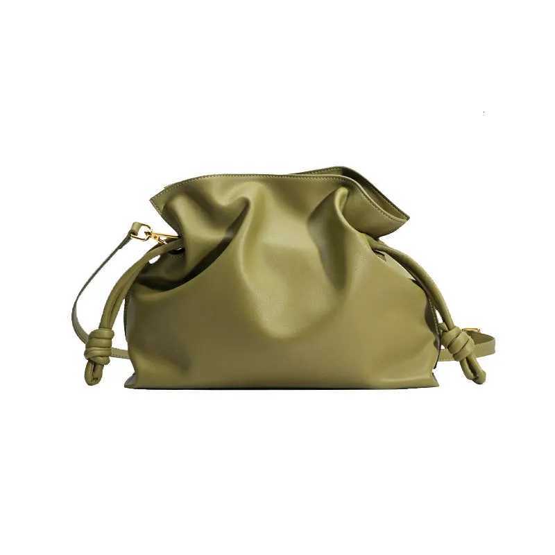 New Ruched Design Solid Color String Close Gift Lucky Pouch Handbag Cowhide Leather Women Shoulder Bag 2 Size Daily Purse K251126