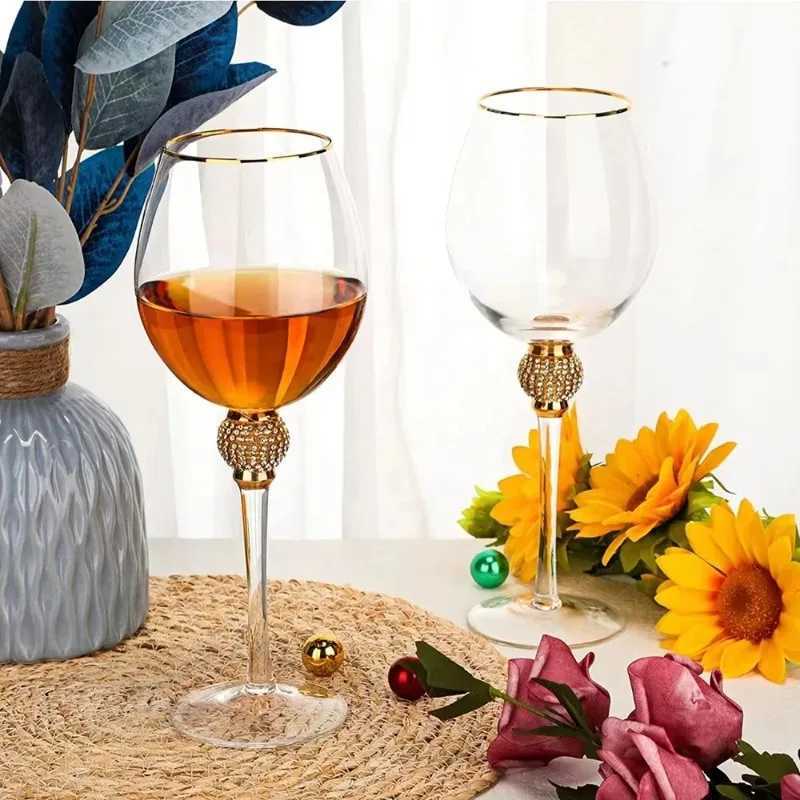 2Pcs Crystal Gold Rimmed Wine Glasses Set Elegant Rhinestone Diamond Decorative Long Stem Champagne Flutes Cocktail Glass Gifts C251126
