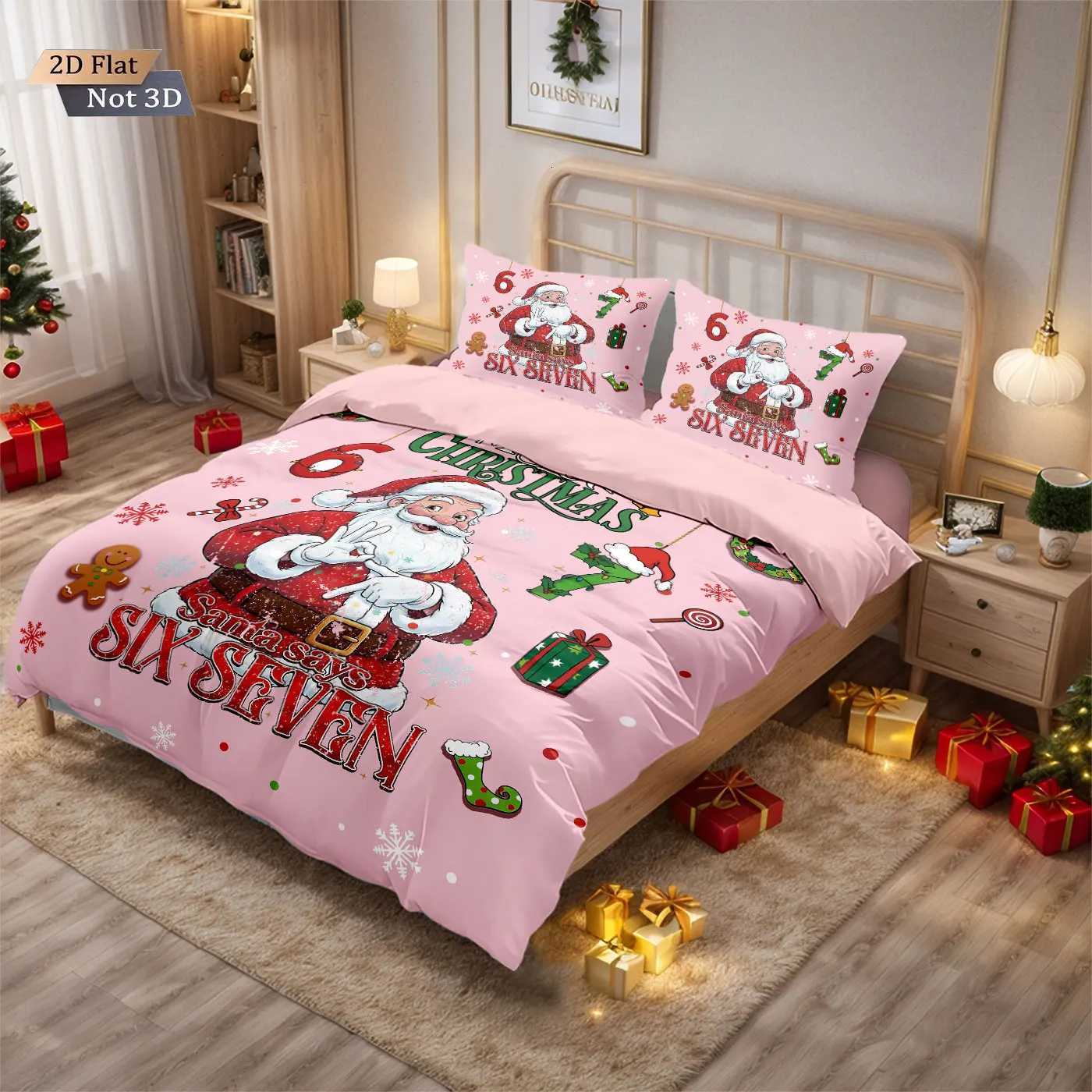 Christmas 3pcs pink Santa Claus 67 element printed coreless duvet cover set multi size bedroom bedding holiday decoration machine washable Y251126