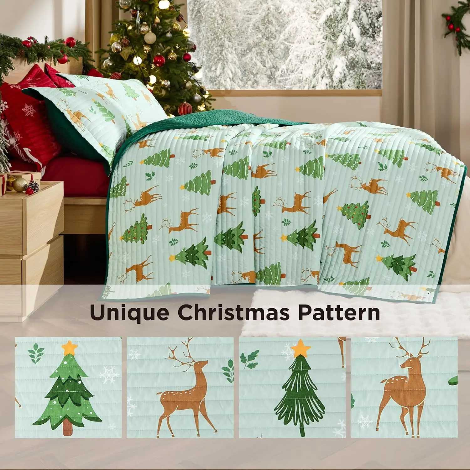 Christmas Christmas Quilt Bedding Set King Size Reversible Quilt Set with Christmas Tree and Reindeer Pattern Soft Microfiber Lightweight Y251126